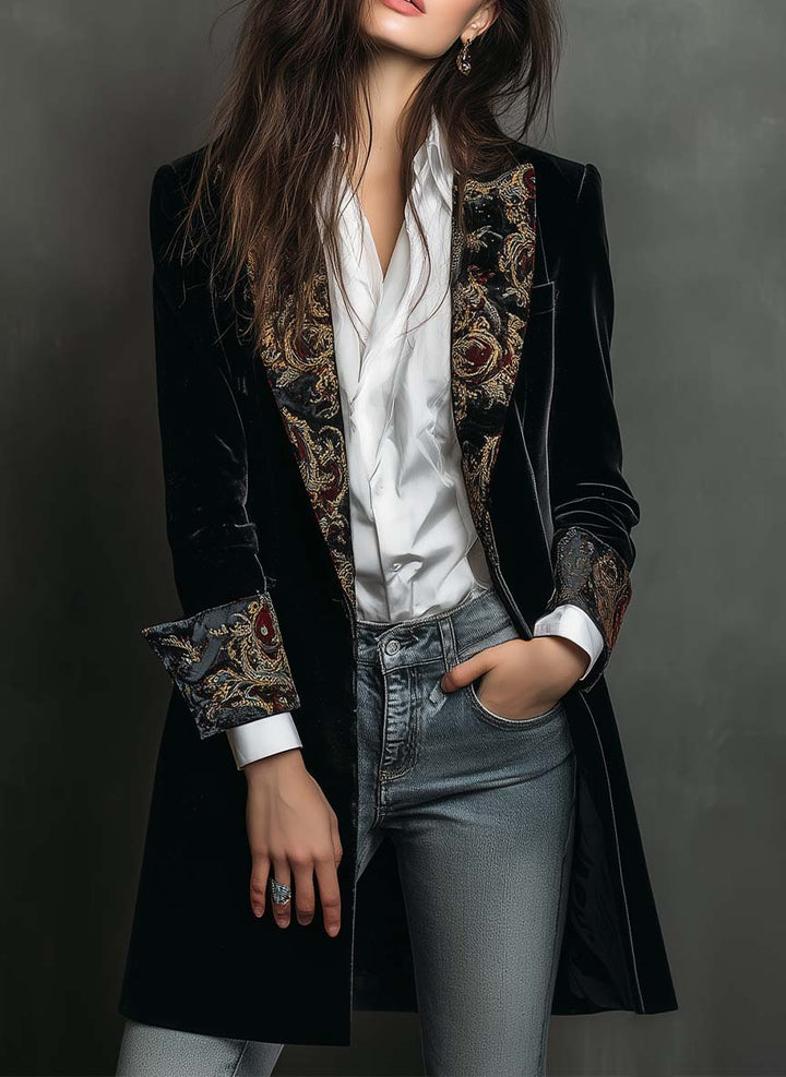 Eleanor | Black Baroque Print Lapel Slim Fit Blazer