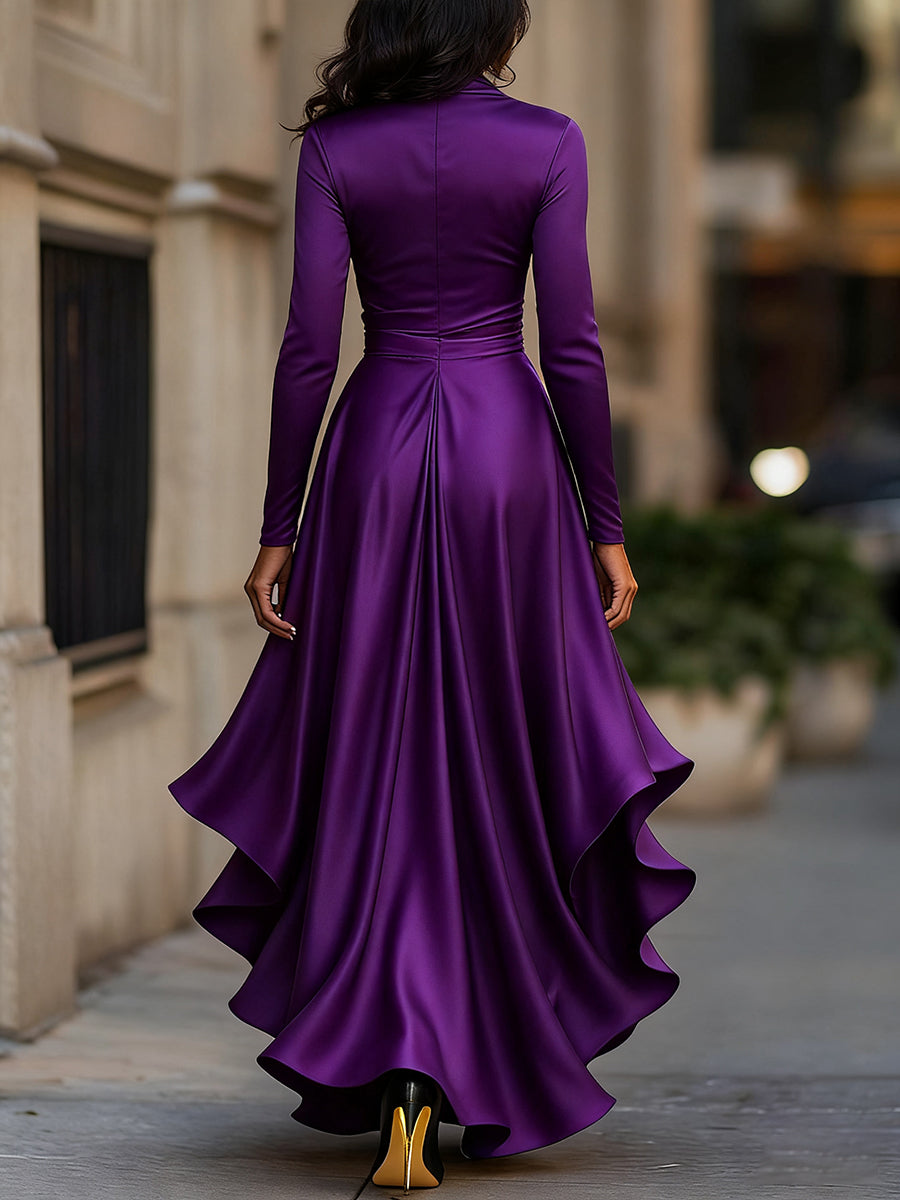 Kirsten | Midnight Blue Draped Satin Maxi Dress With Ruffle Details