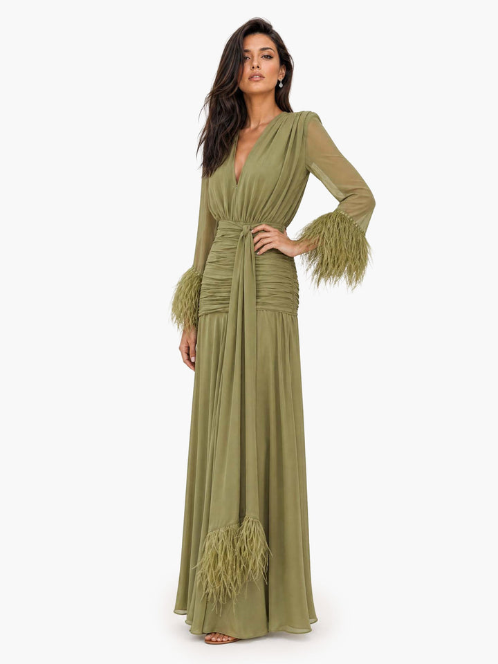 Eva | Elegant V-Neck Feather Cuff Flowing Chiffon Maxi Dress