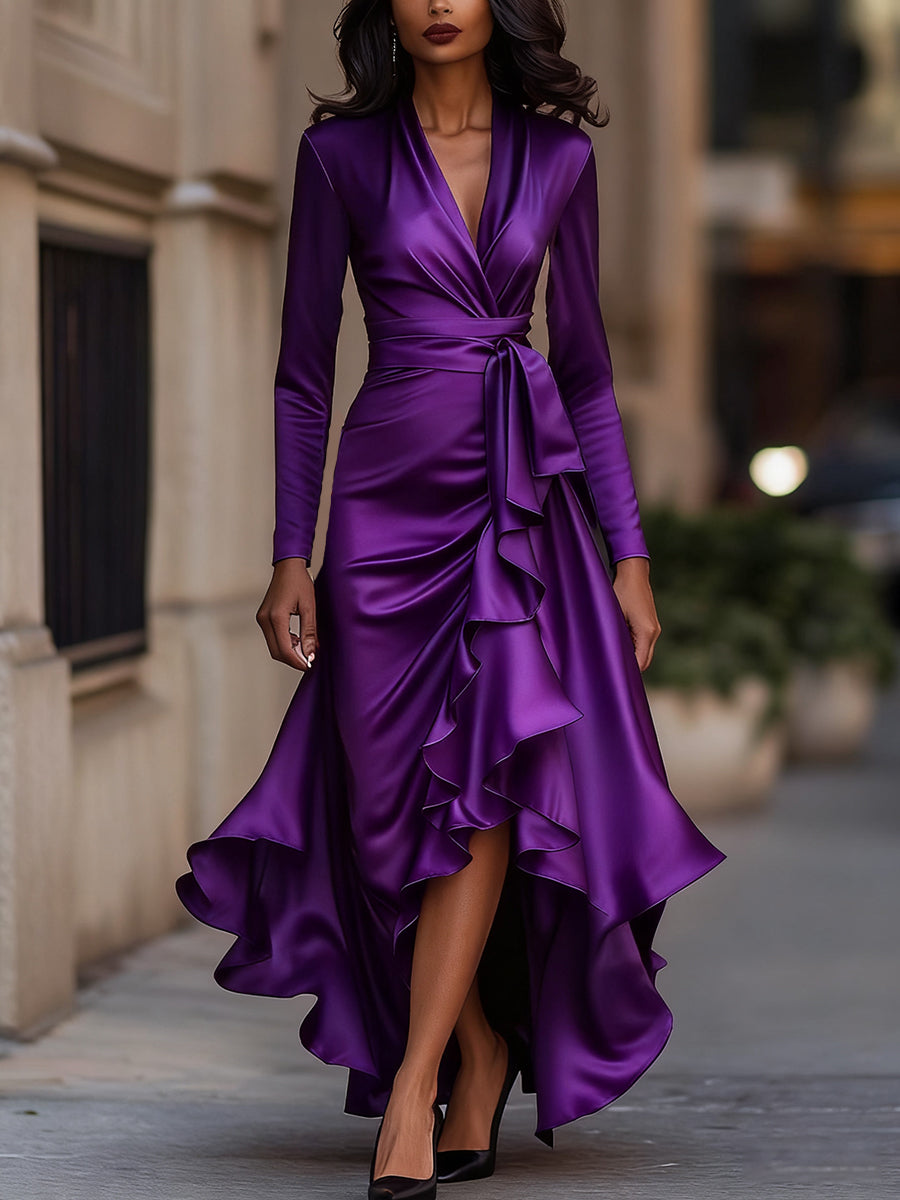 Kirsten | Midnight Blue Draped Satin Maxi Dress With Ruffle Details