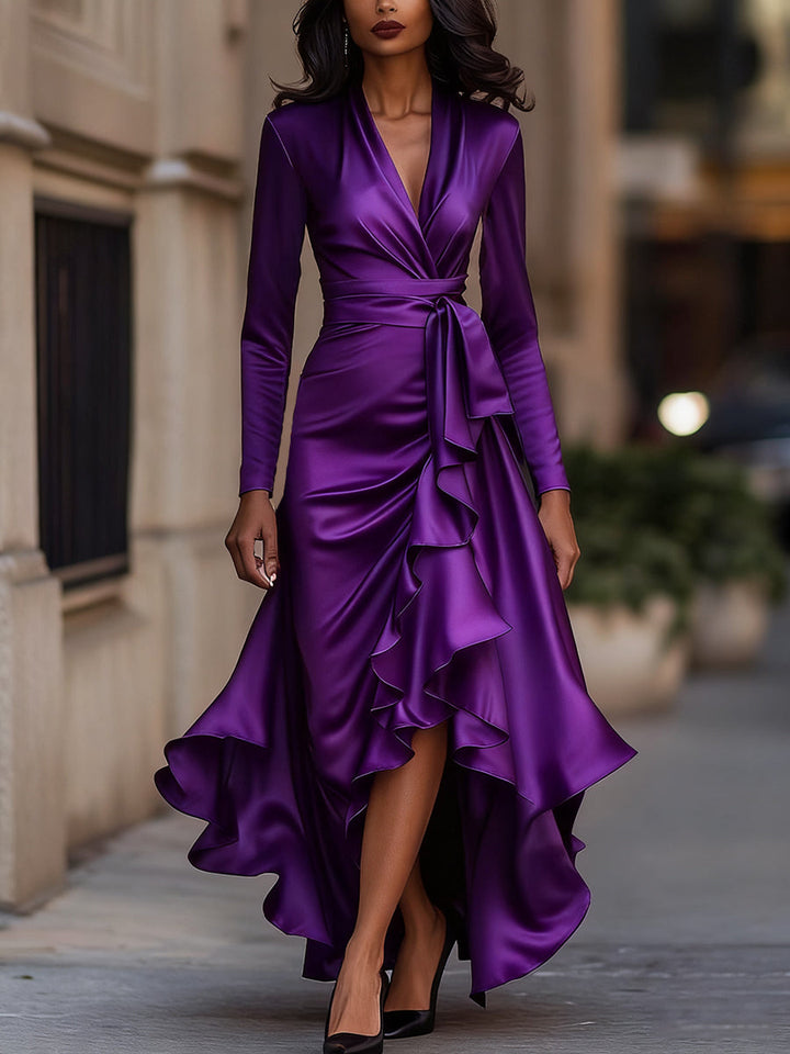 Kirsten | Midnight Blue Draped Satin Maxi Dress With Ruffle Details