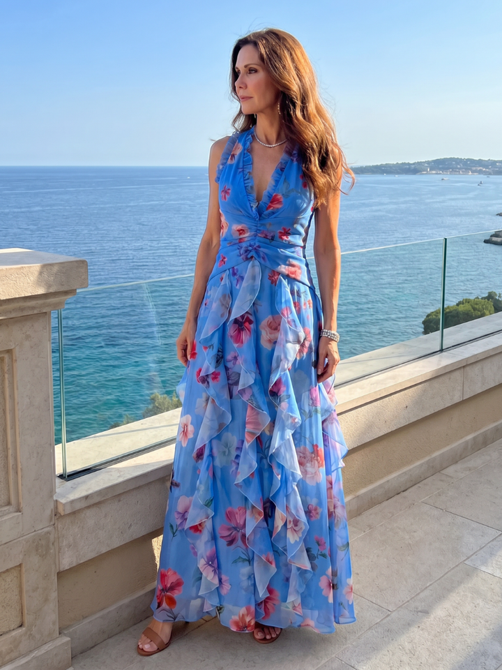 Nori | Floral Maxi Dress with Sweetheart Neckline and Ruffled Top