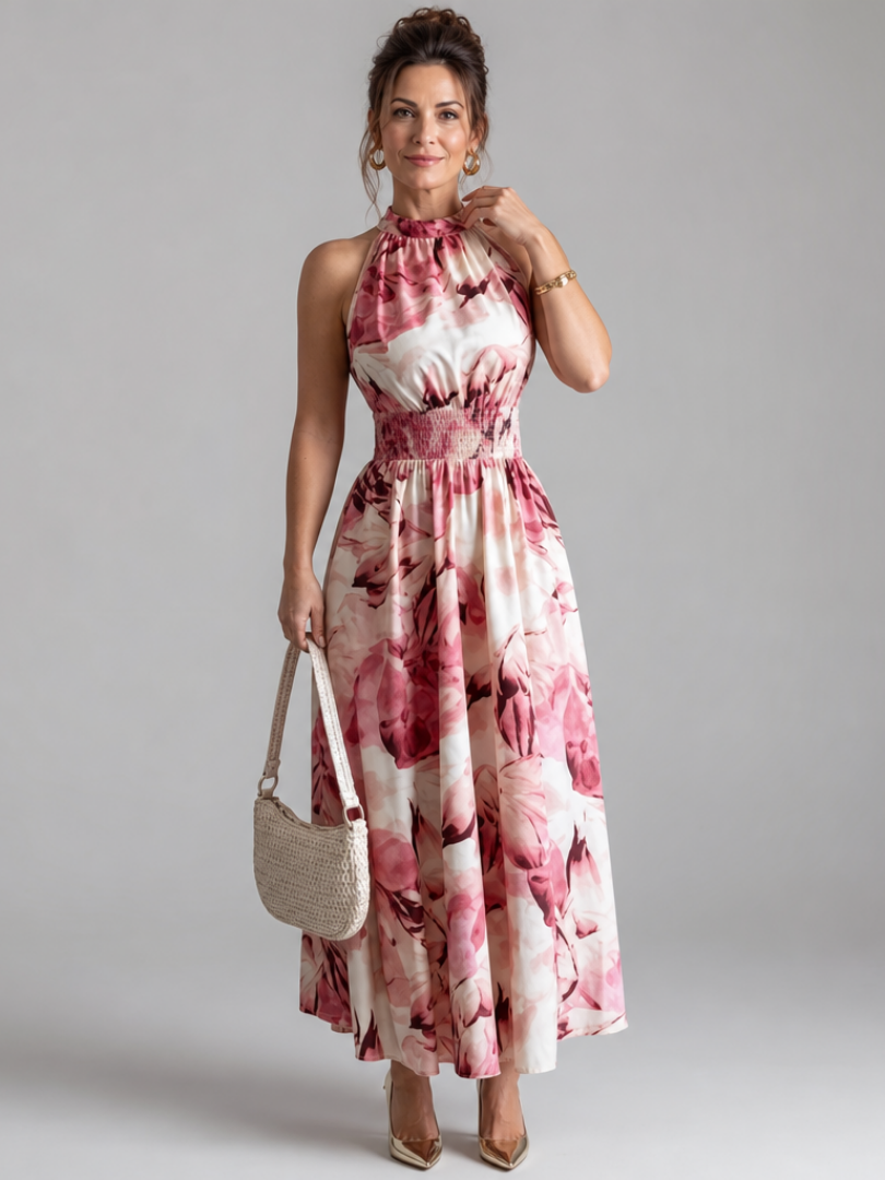 Olivia | Midi Dress with Abstract Print and Ruffle Band at the Waist