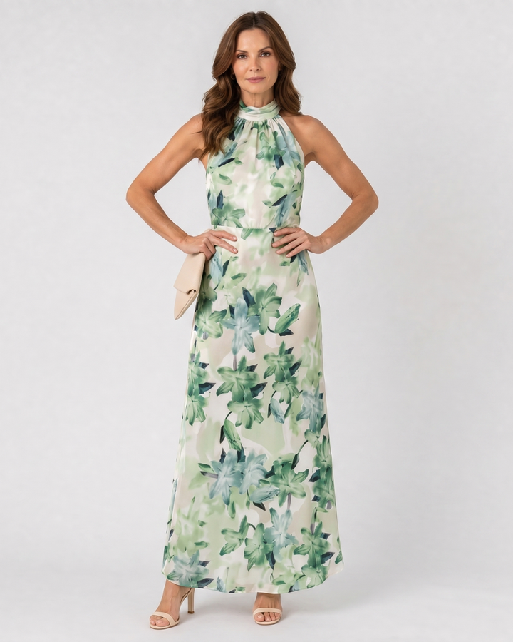 Cekel | Midi Dress with Botanical Print, Back Cutout, and Flowing Skirt
