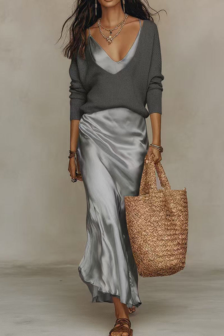 Jessa | V Neck Drop Shoulder Sweater and Satin Maxi Cami Dress Set
