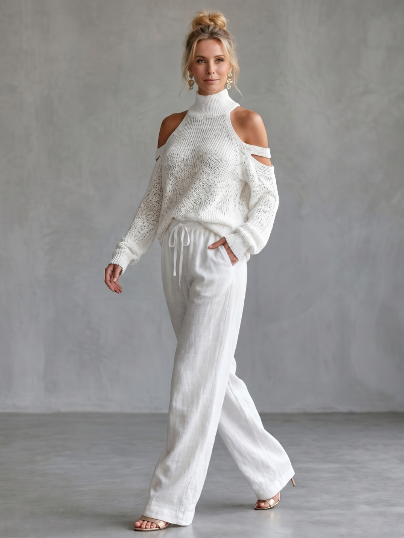 Questa | Open Shoulder Knit Top And Wide Leg Pants Set