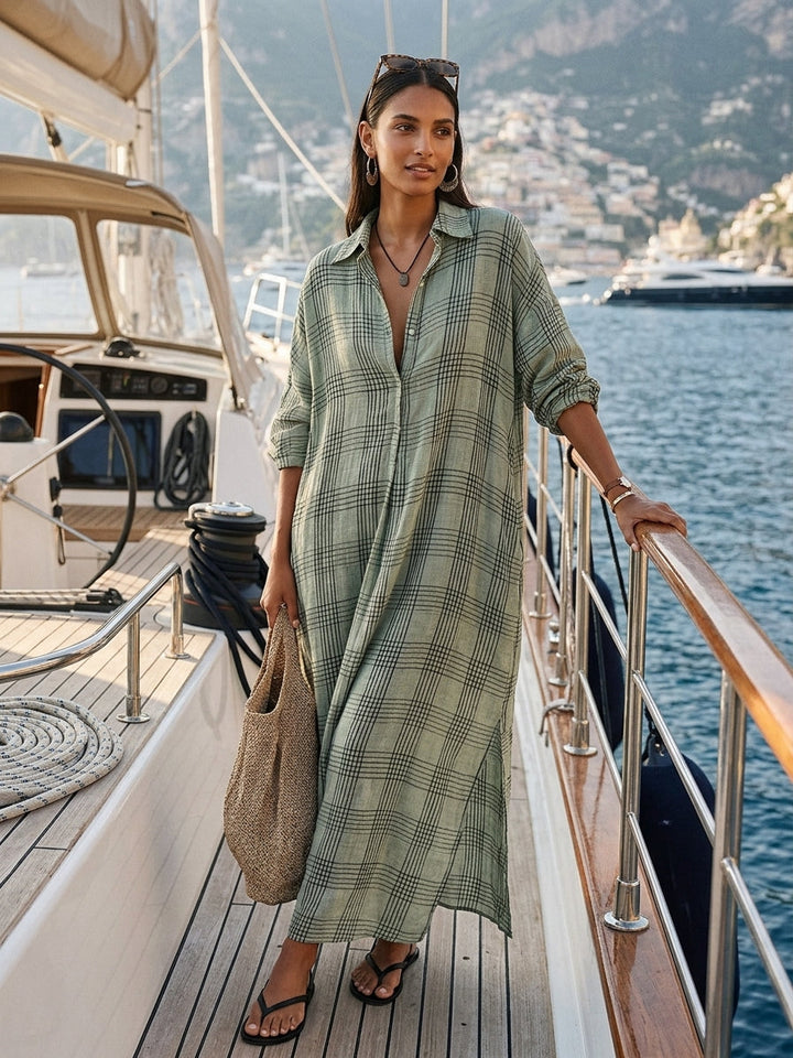 Stella | Retro Casual Plaid Print Cotton Linen Shirt Long Sleeve Midi Dress
