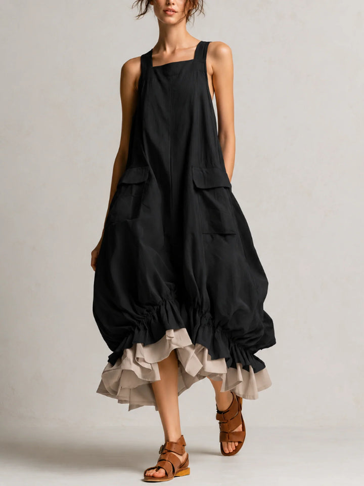 Arya | BLACK BOHO RUFFLE HEM BUBBLE MIDI DRESS