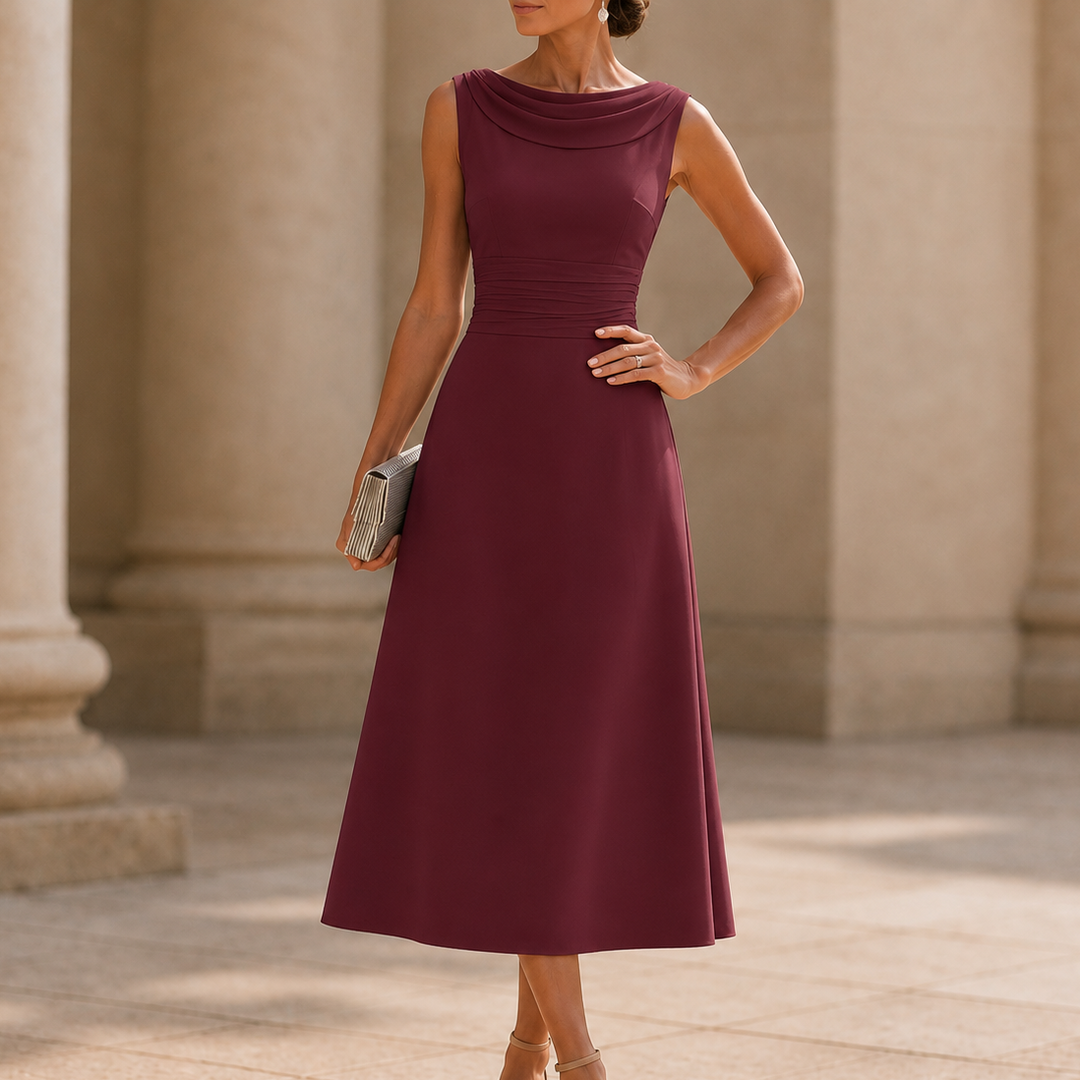 Disa | Draped-Neck Pleated A-Line Wedding Guest Dress