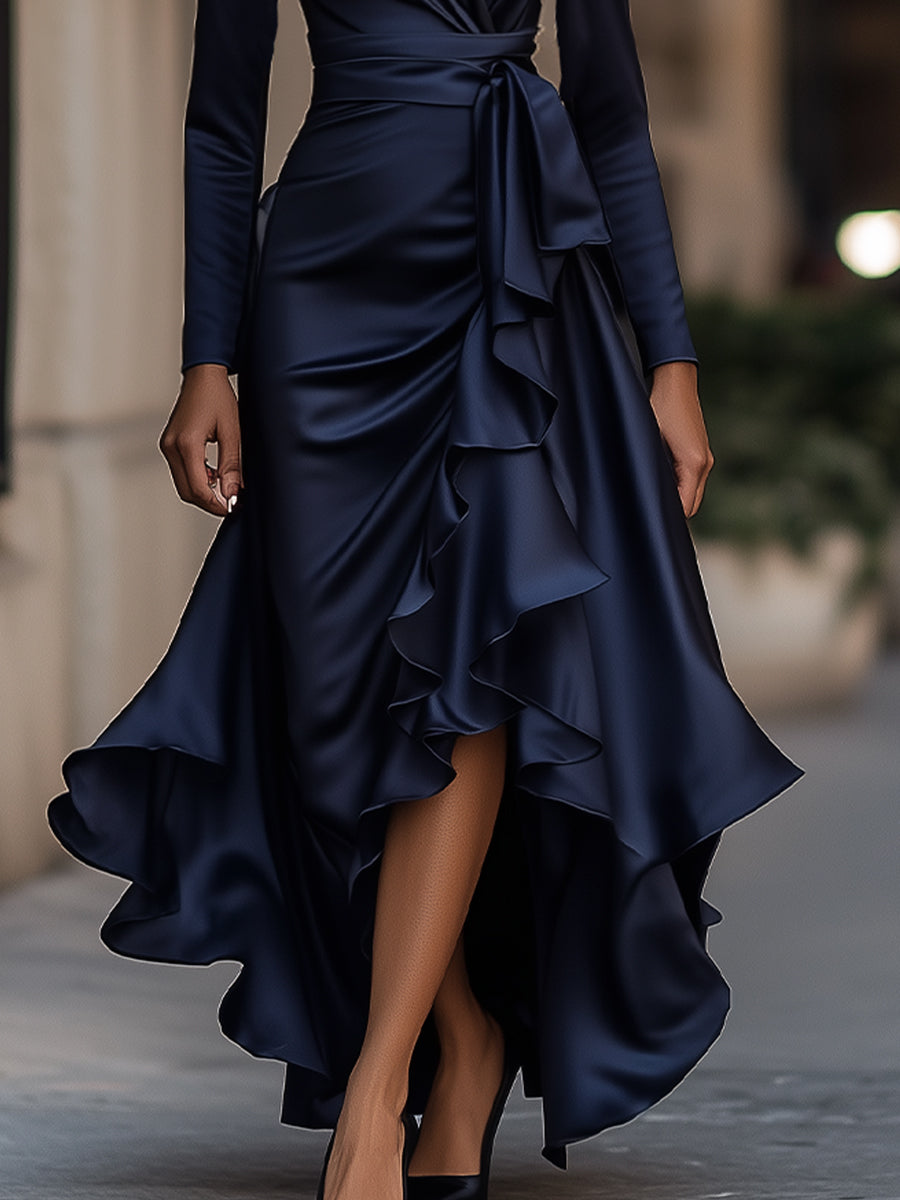 Kirsten | Midnight Blue Draped Satin Maxi Dress With Ruffle Details