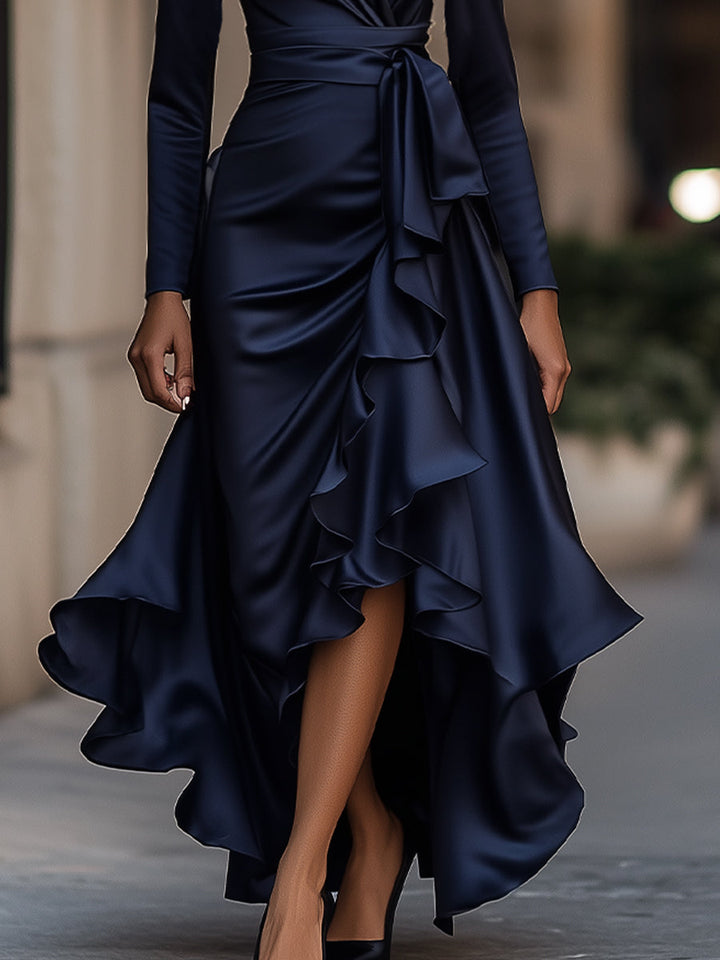 Kirsten | Midnight Blue Draped Satin Maxi Dress With Ruffle Details