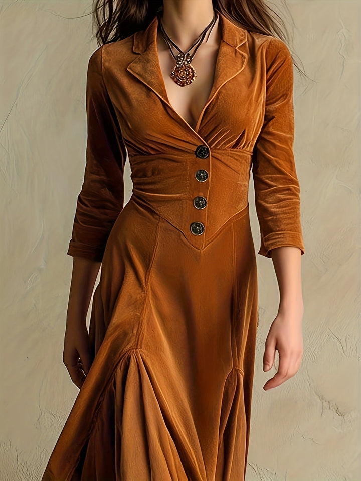 ELOWENNA | ELEGANT DRESS WITH BUTTON PLACKET, COLLAR, AND 7/8 SLEEVES