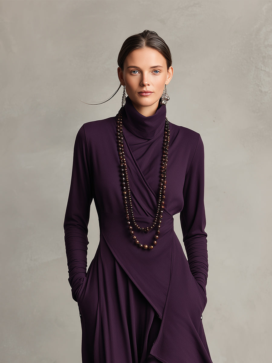 Chloe | Maxi Boho Cotton Dress with High Neck and Asymmetrical Draping