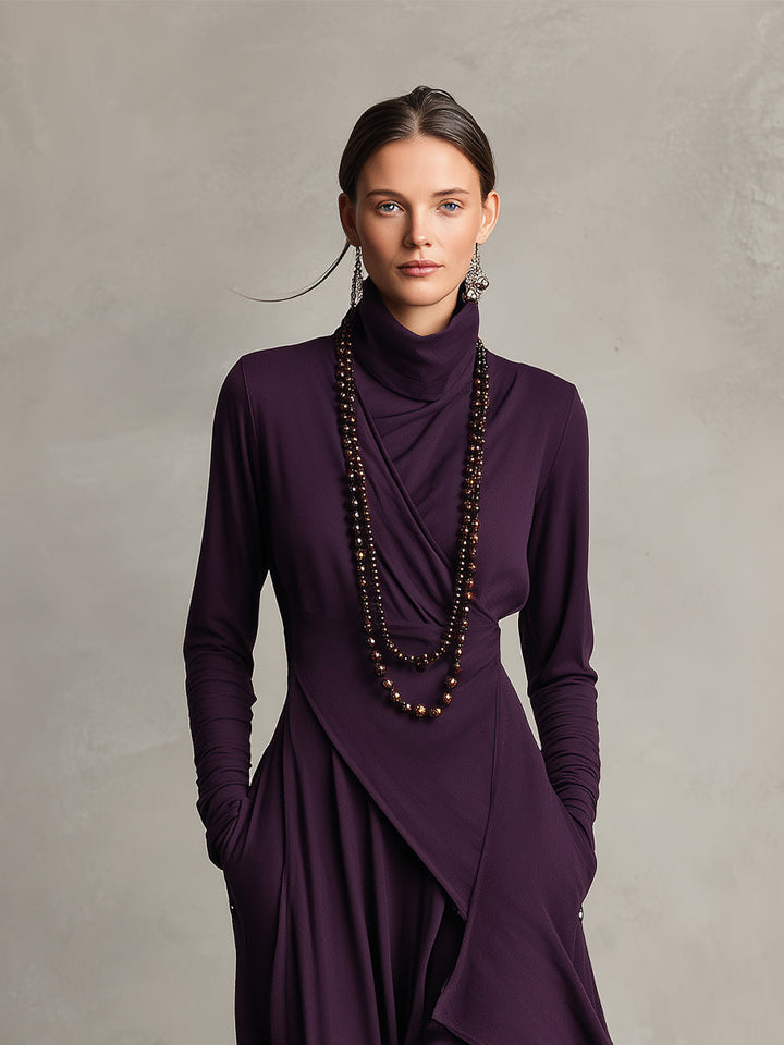 Chloe | Maxi Boho Cotton Dress with High Neck and Asymmetrical Draping