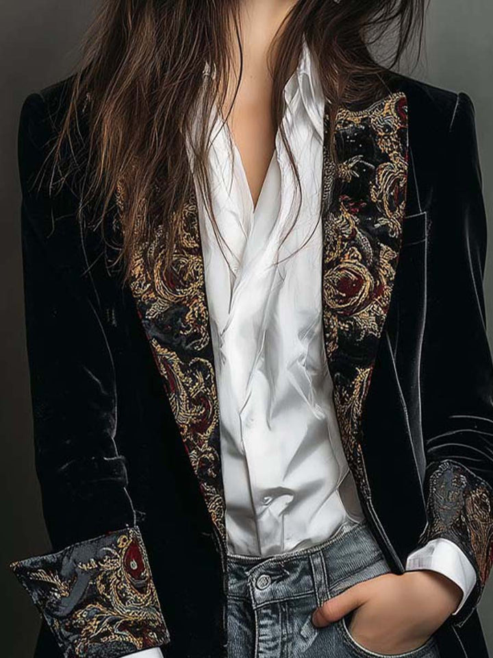 Eleanor | Black Baroque Print Lapel Slim Fit Blazer