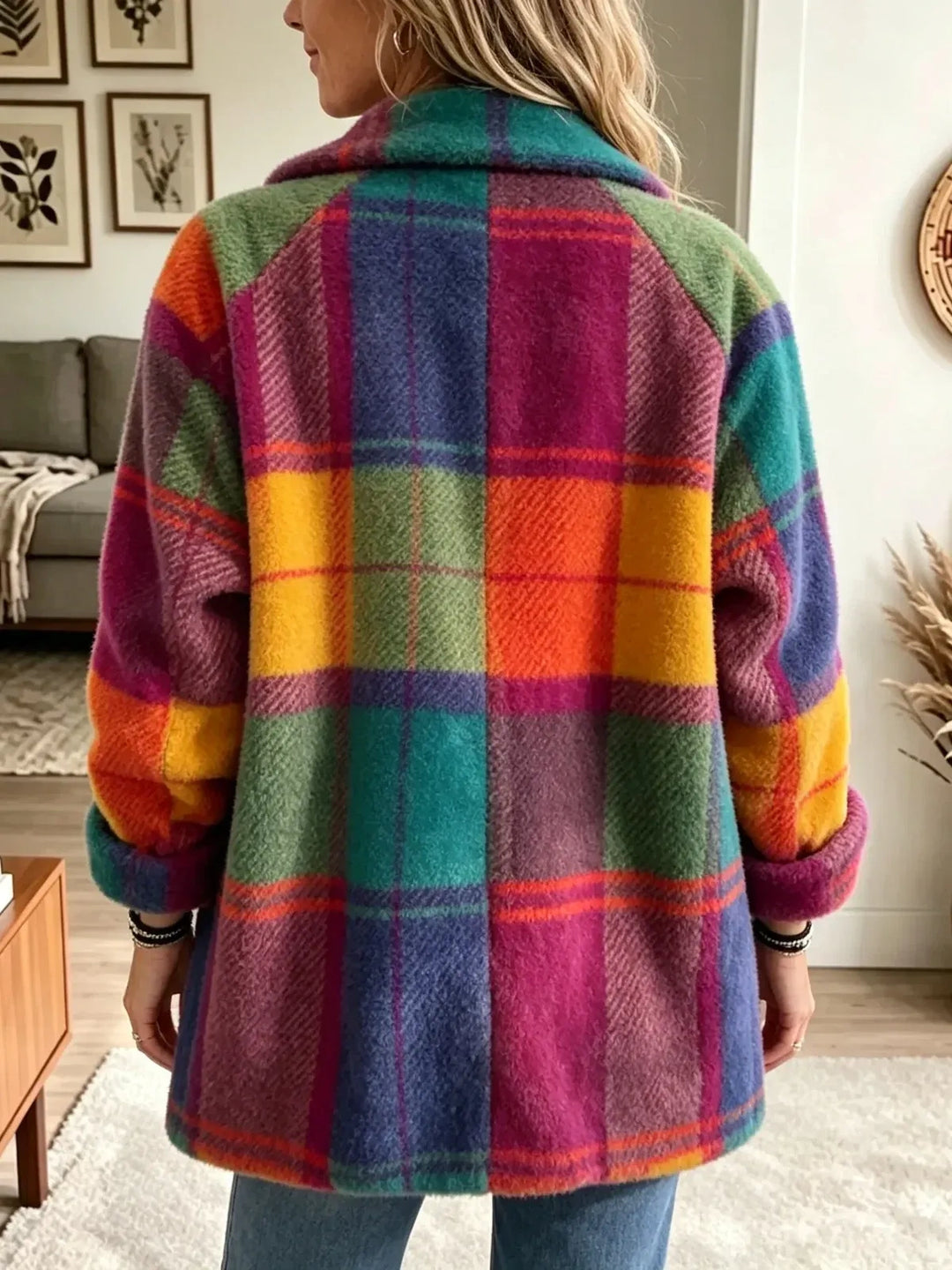 Philippa | Vibrant Plaid Fuzzy Fleece Jacket