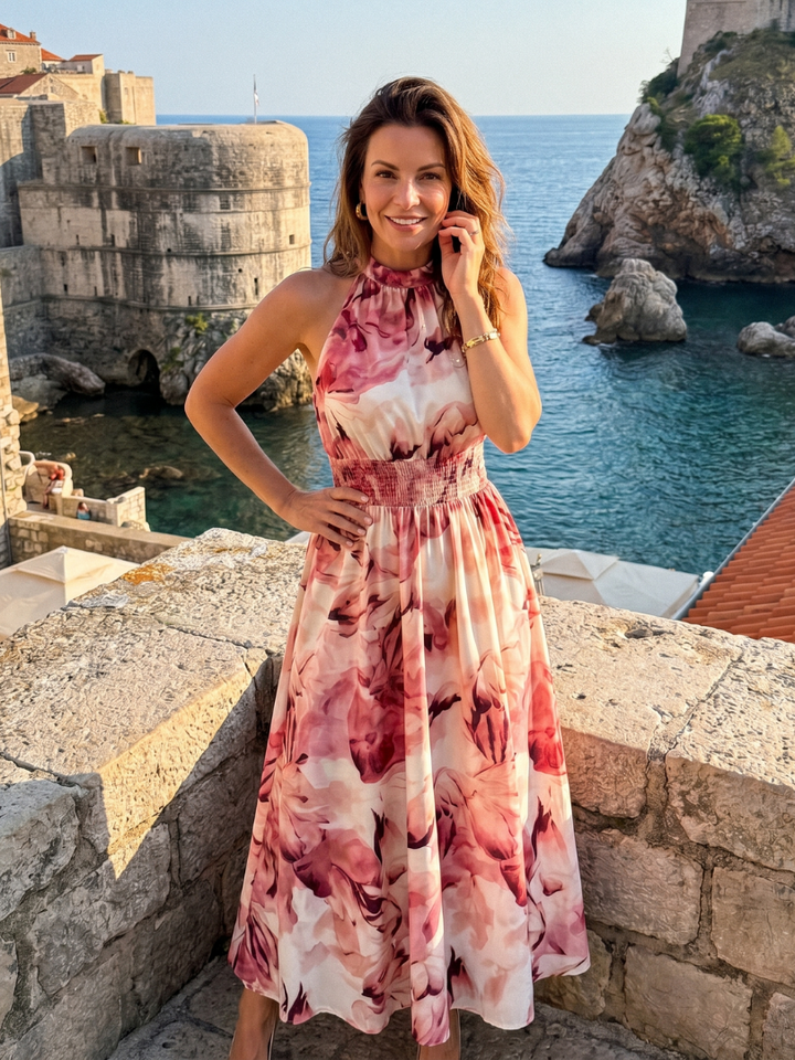 Olivia | Midi Dress with Abstract Print and Ruffle Band at the Waist