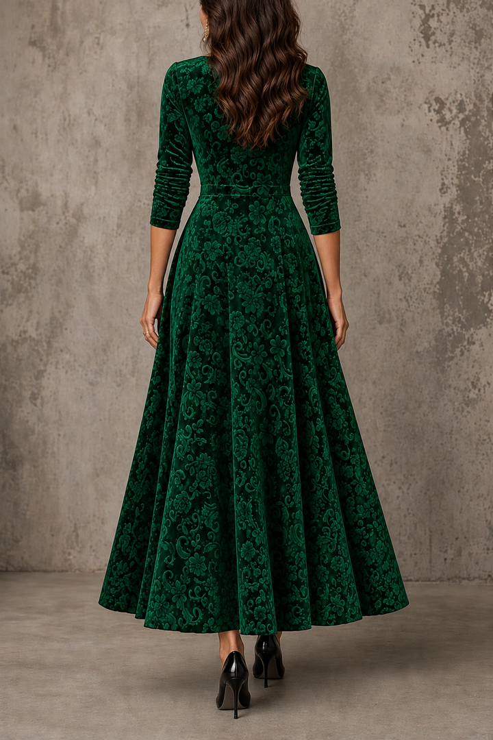 Anneliese | Burgundy Velvet Floral Square Neck Long Sleeve Midi Dress