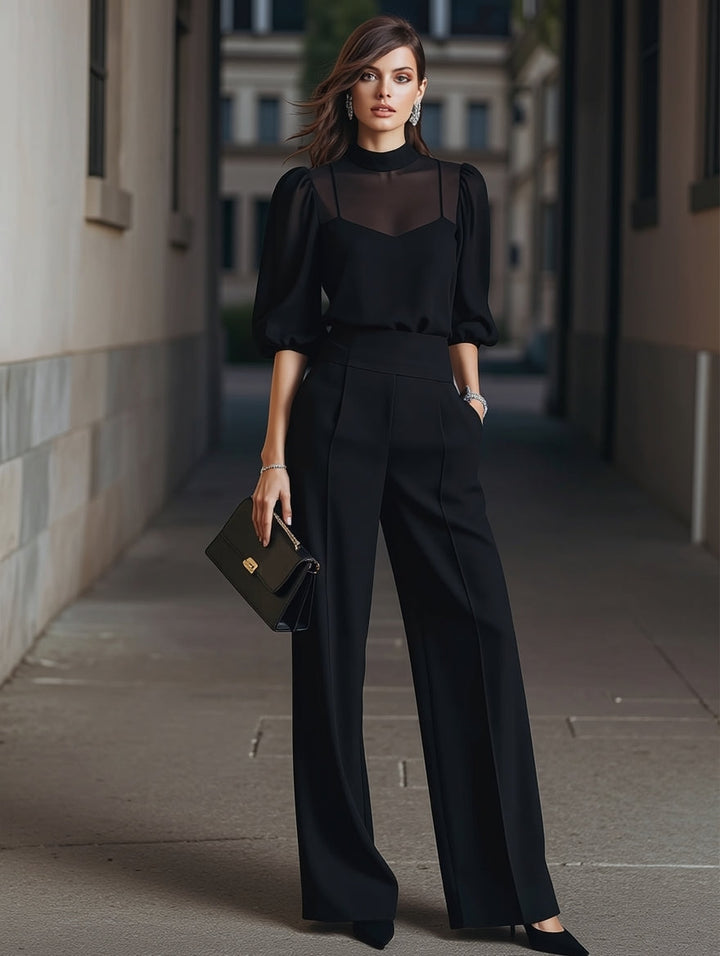Billie | Black Chiffon Top And Wide Leg Pants Three Piece Set