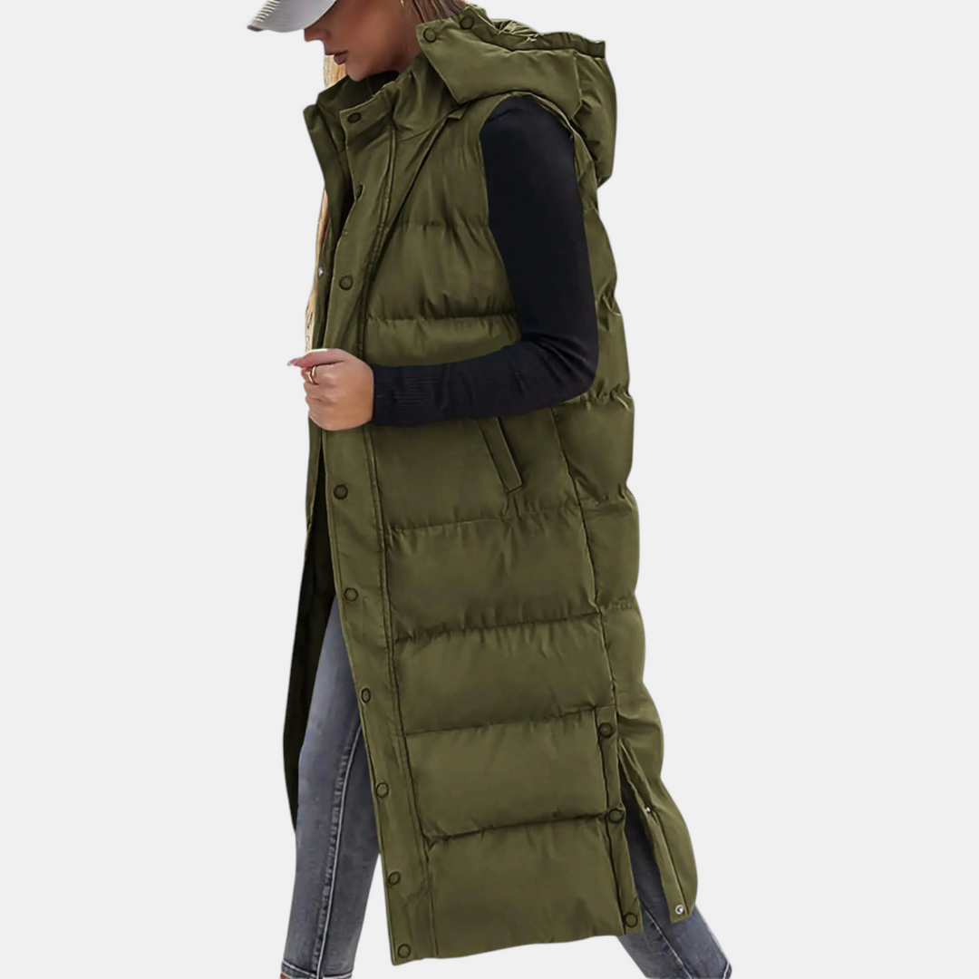 Wynona | Puffer Vest Quilted Hooded Maxi Length Button Down