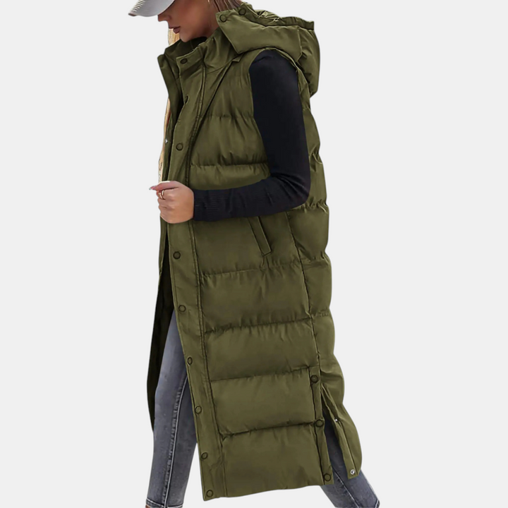 Wynona | Puffer Vest Quilted Hooded Maxi Length Button Down
