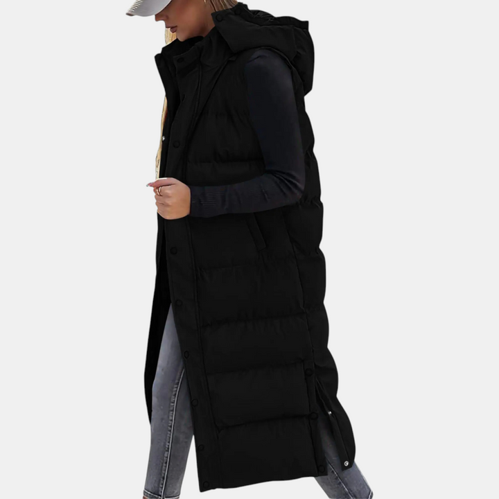 Wynona | Puffer Vest Quilted Hooded Maxi Length Button Down