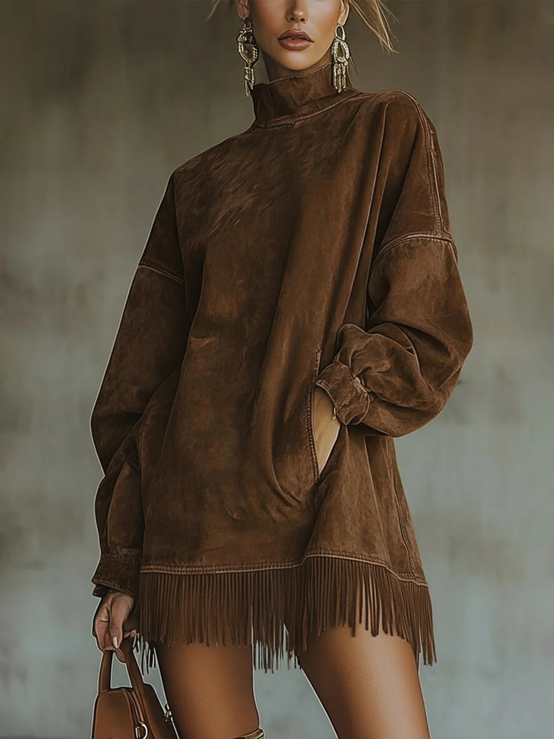 Gabbie | Suede Dress with High Neck and Fringe