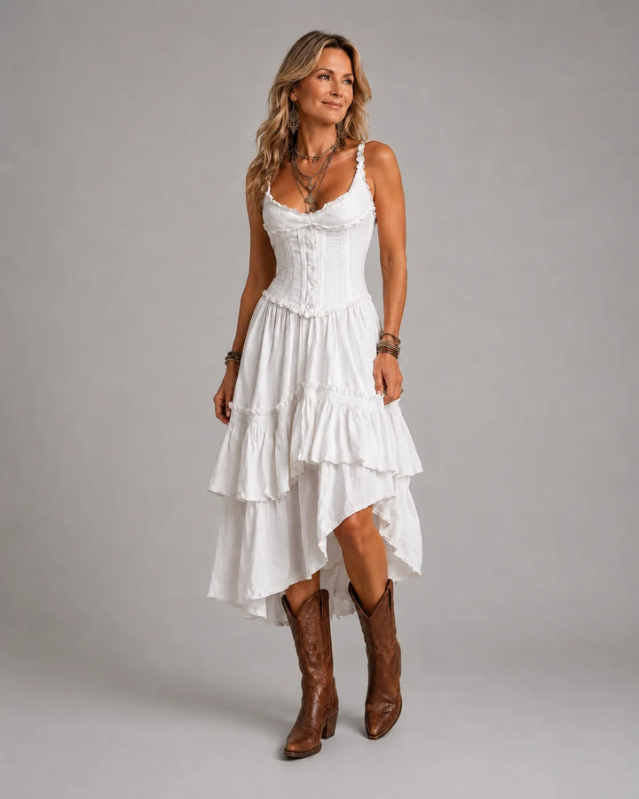 Rian | Retro Boho Corset Tiered Midi Dress With Lace-Trim