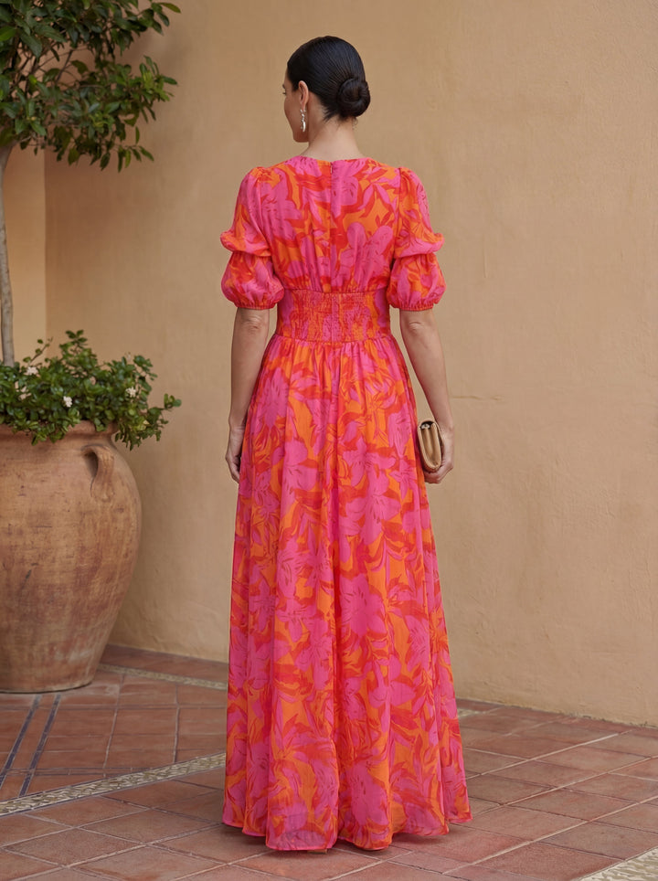 Oliva | Floral Maxi Dress with Balloon Sleeves and V-Neck