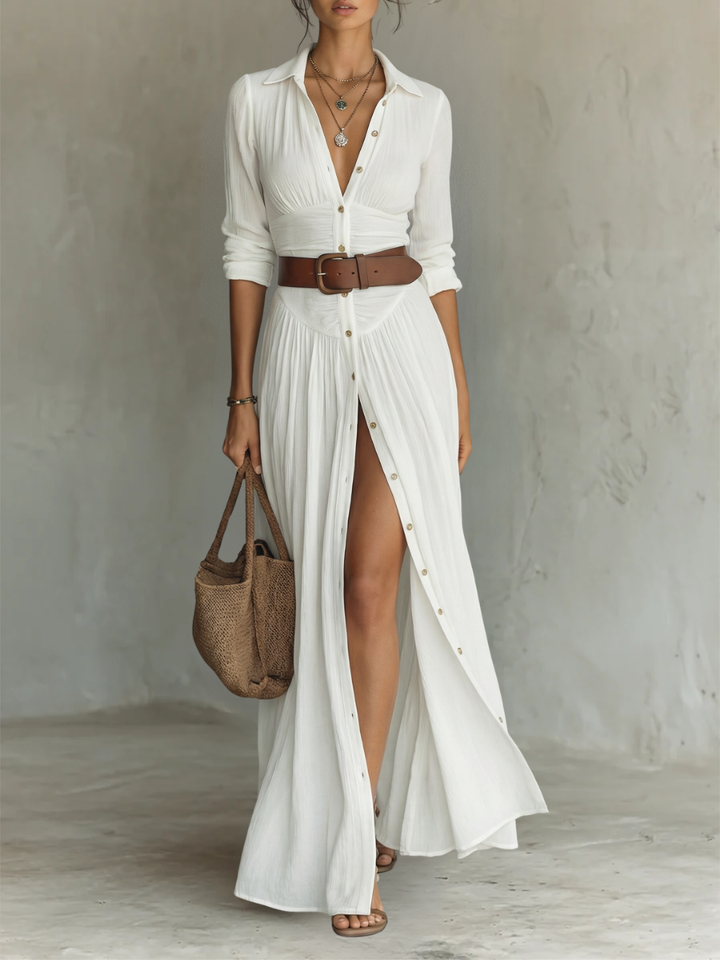 Ivette | White Linen Maxi Dress with Pleats