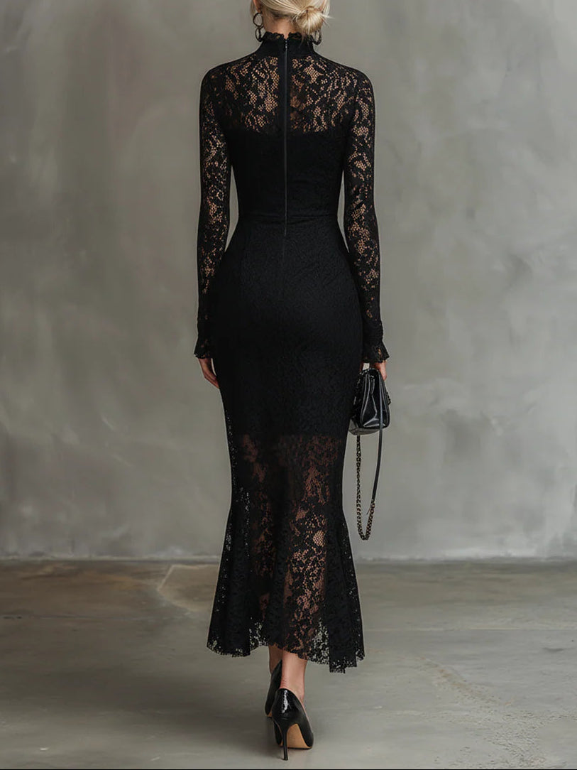 Ella | Elegant Black Stretch Lace Fishtail Maxi Dress
