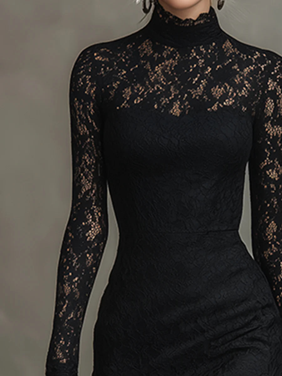 Ella | Elegant Black Stretch Lace Fishtail Maxi Dress