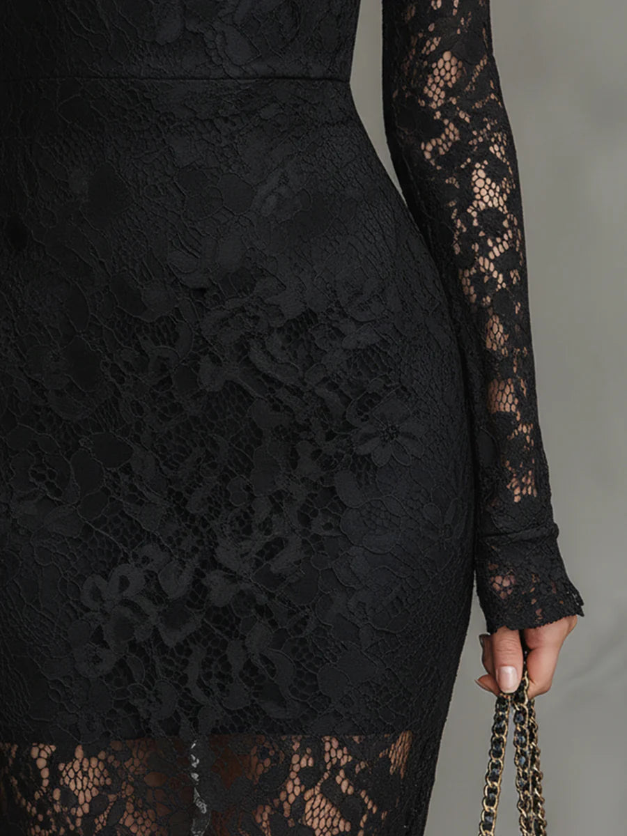 Ella | Elegant Black Stretch Lace Fishtail Maxi Dress