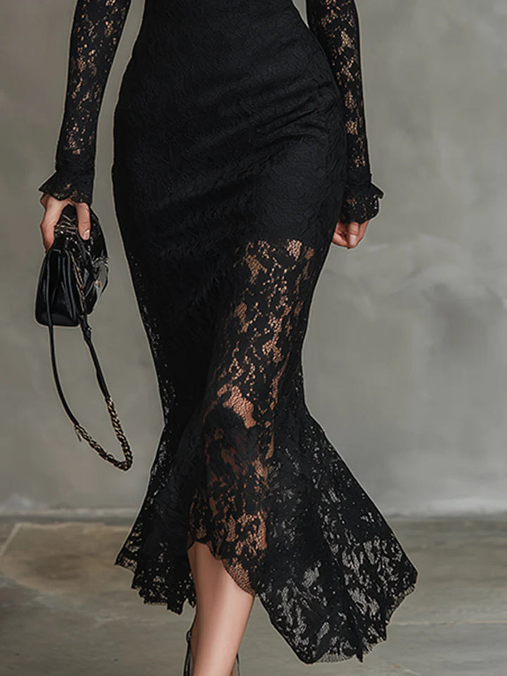Ella | Elegant Black Stretch Lace Fishtail Maxi Dress