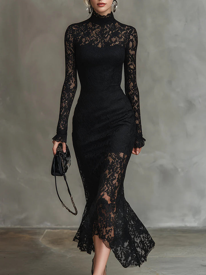 Ella | Elegant Black Stretch Lace Fishtail Maxi Dress