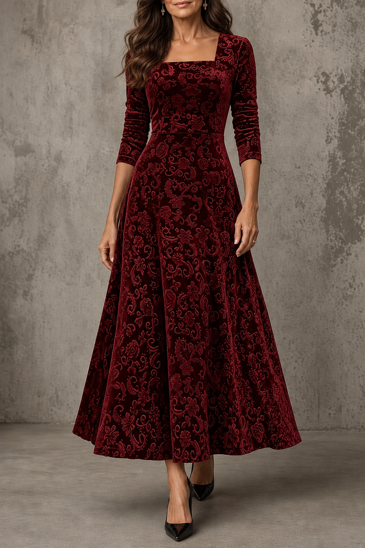 Anneliese | Burgundy Velvet Floral Square Neck Long Sleeve Midi Dress