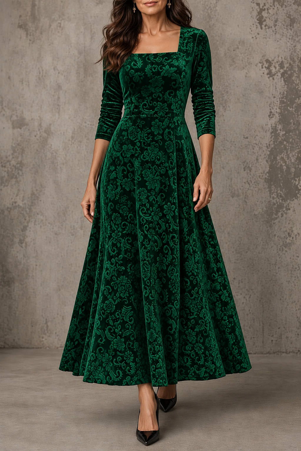 Anneliese | Burgundy Velvet Floral Square Neck Long Sleeve Midi Dress