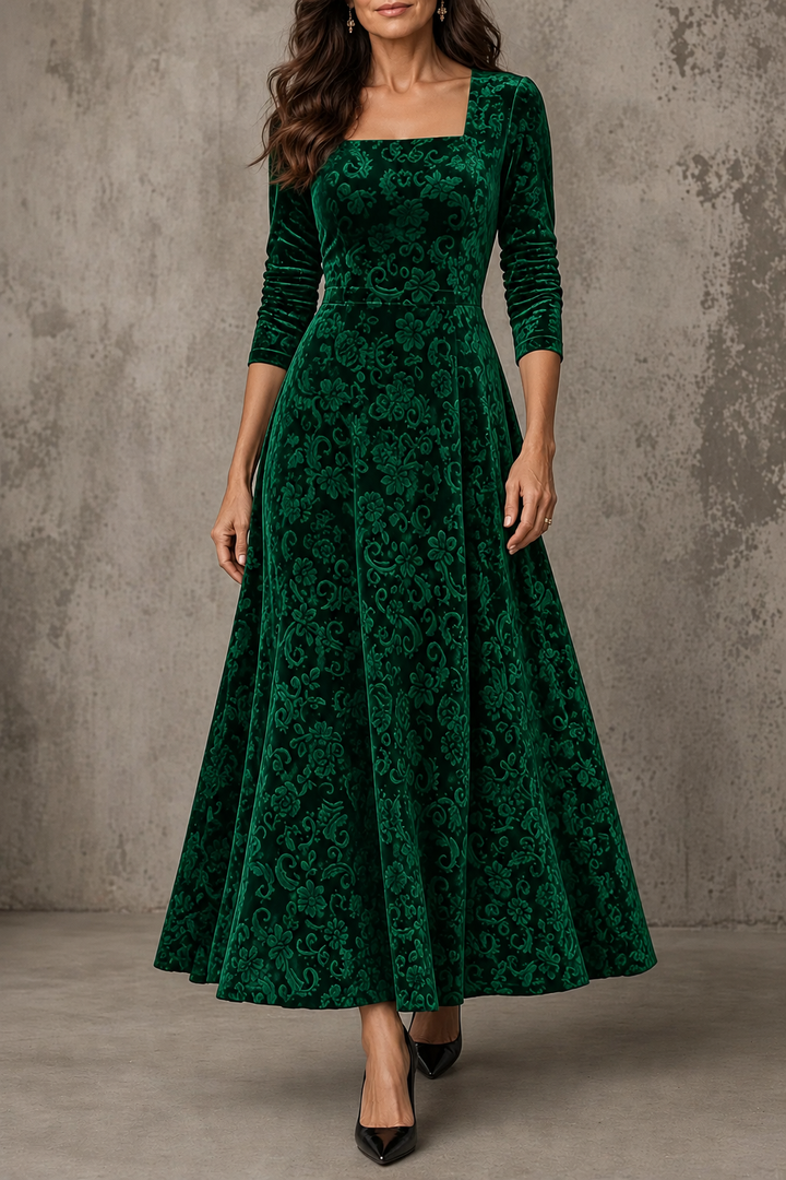 Anneliese | Burgundy Velvet Floral Square Neck Long Sleeve Midi Dress