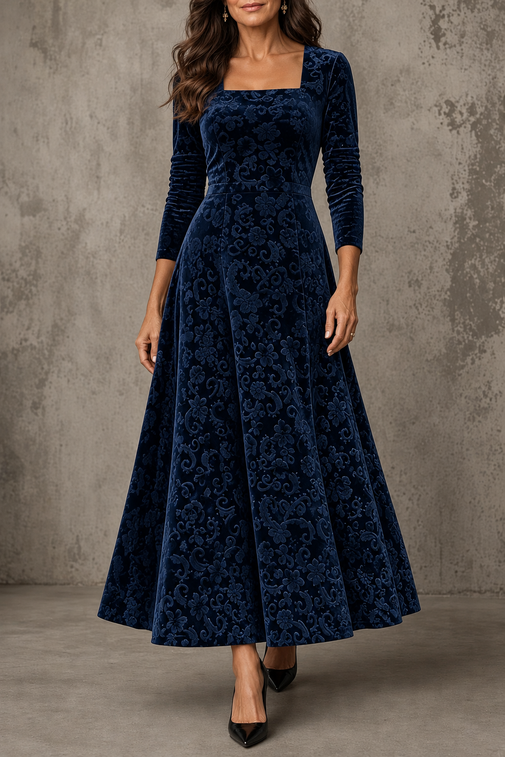 Anneliese | Burgundy Velvet Floral Square Neck Long Sleeve Midi Dress