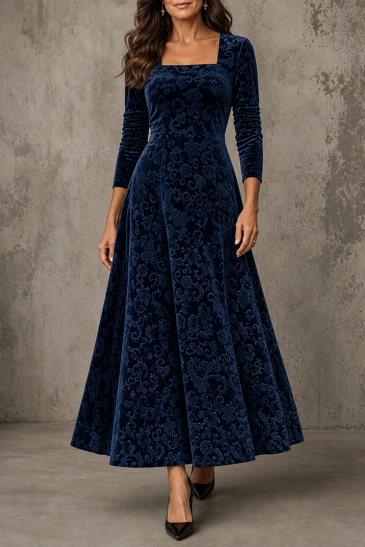 Anneliese | Burgundy Velvet Floral Square Neck Long Sleeve Midi Dress