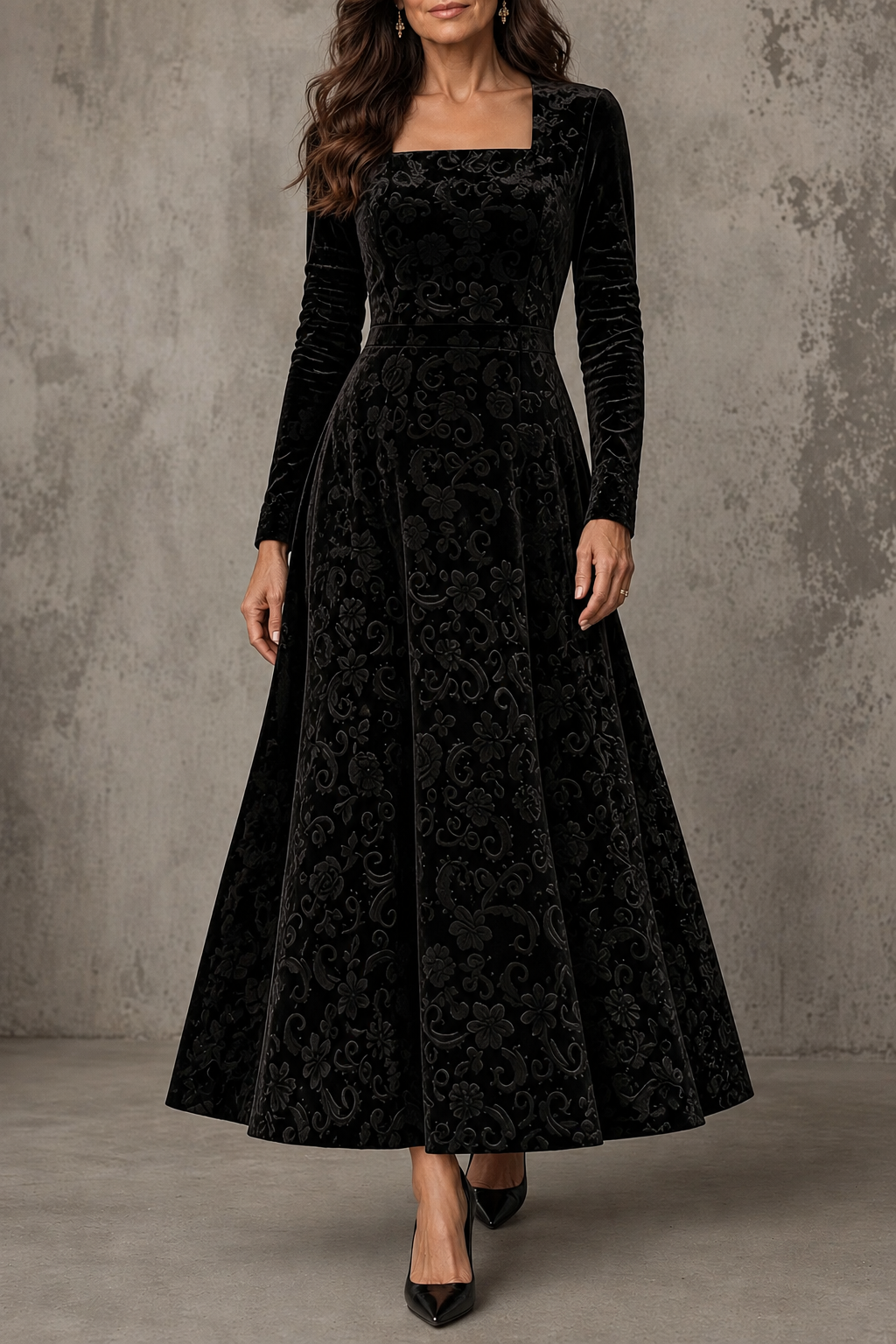 Anneliese | Burgundy Velvet Floral Square Neck Long Sleeve Midi Dress