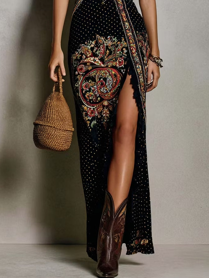 Theresa | Bohemian-Style Printed Dress with Deep V-Neck and High Slit