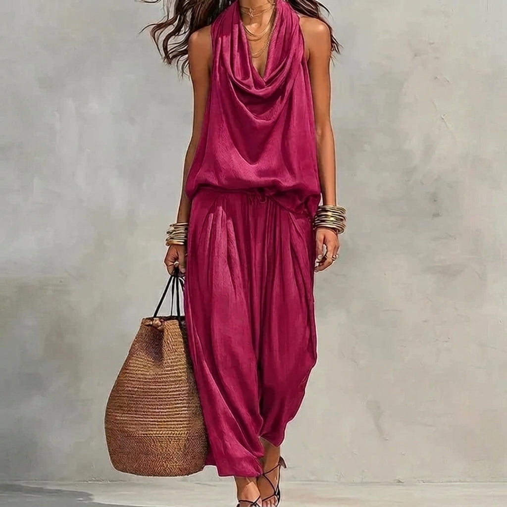 Amber | Draped Halter Top and Flowing Pants Set