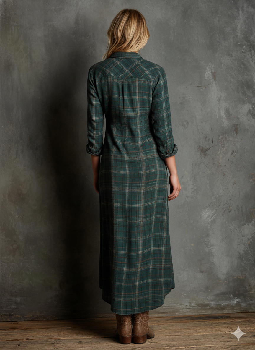 Tiara | Maxi Shirt Dress in Checkered Pattern with Lapel and Buttons