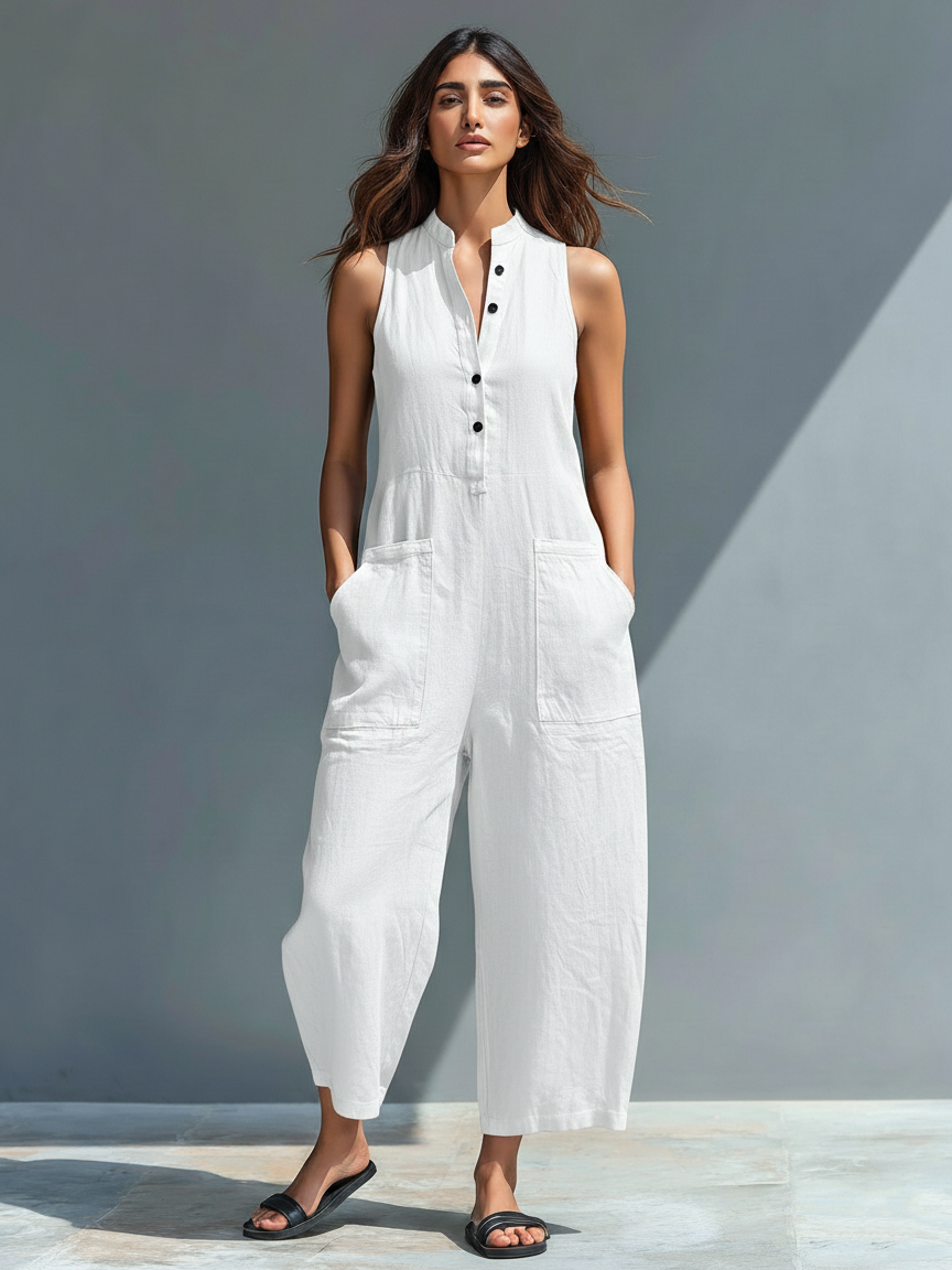 Juliette | Sleeveless Linen Overall with Buttoned Collar