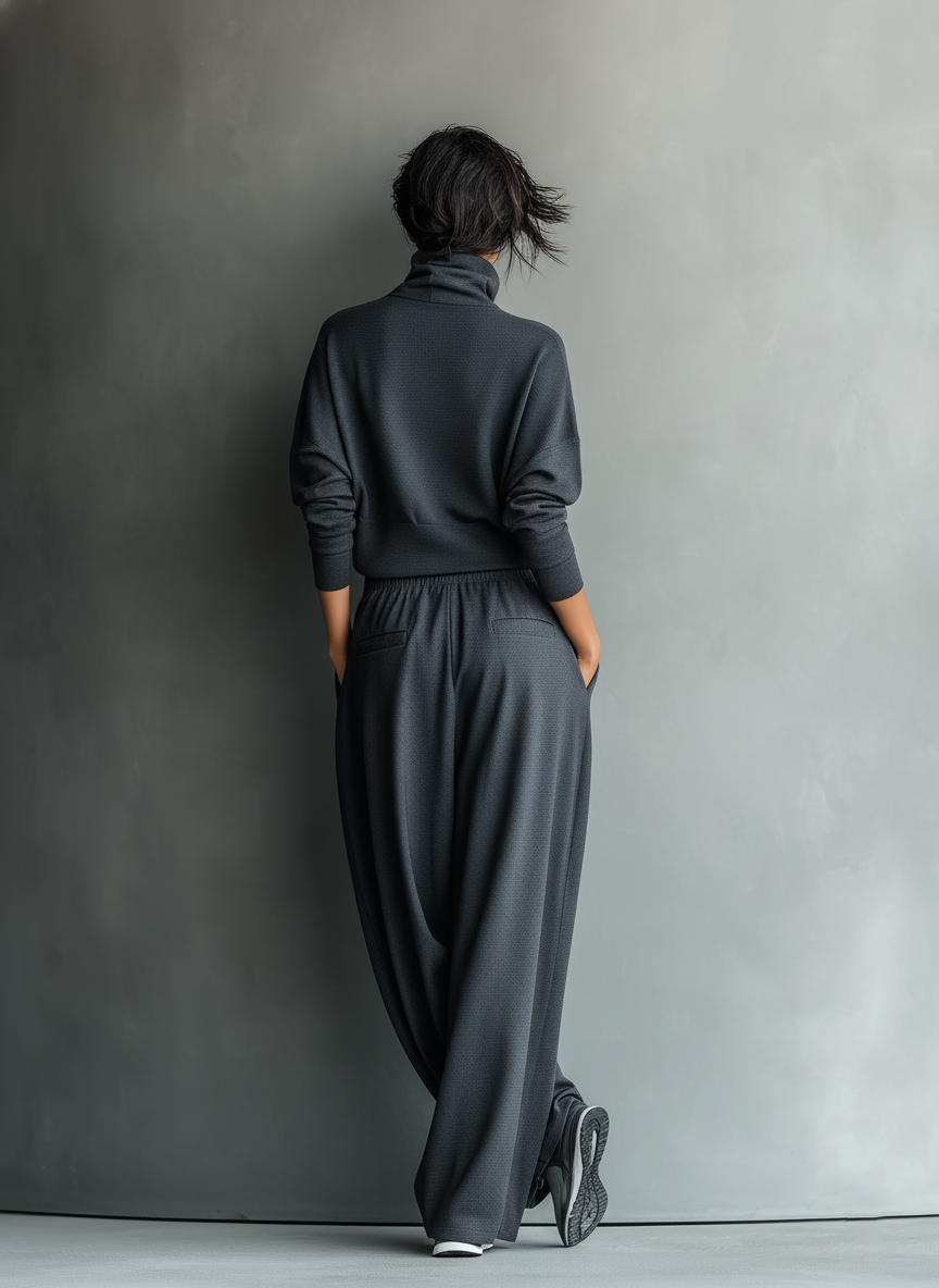 Kaya | Knit Set in Anthracite with High Neck and Wide Leg Pants