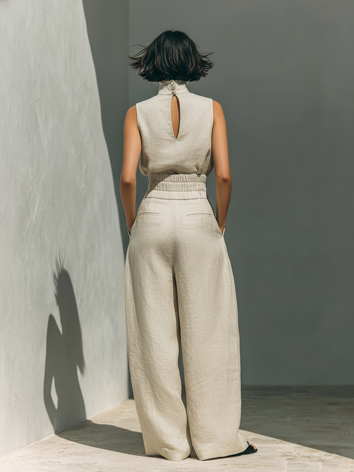 Serena | Set consisting of a sleeveless blouse and wide-leg pants, in a cotton-linen blend fabric