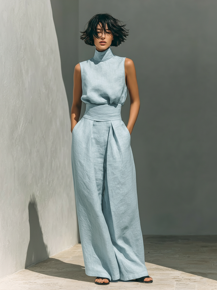 Serena | Set consisting of a sleeveless blouse and wide-leg pants, in a cotton-linen blend fabric