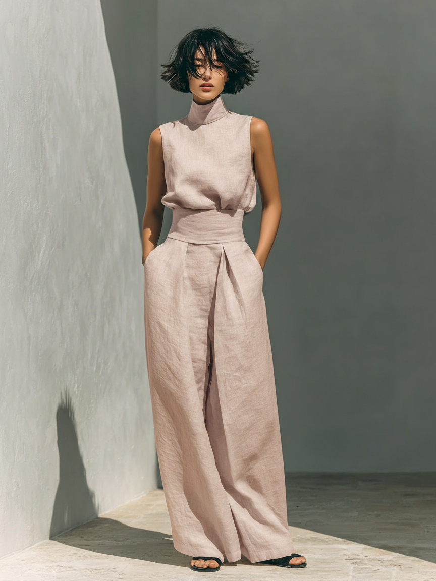 Serena | Set consisting of a sleeveless blouse and wide-leg pants, in a cotton-linen blend fabric