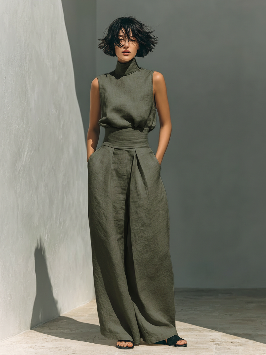 Serena | Set consisting of a sleeveless blouse and wide-leg pants, in a cotton-linen blend fabric
